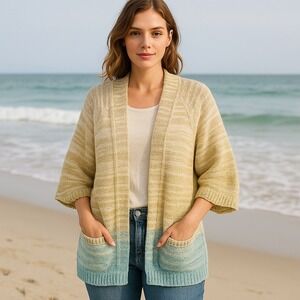 Daily Practice Womens Small Open Front Tan Blue Knit Boho Relax Cardigan Sweater